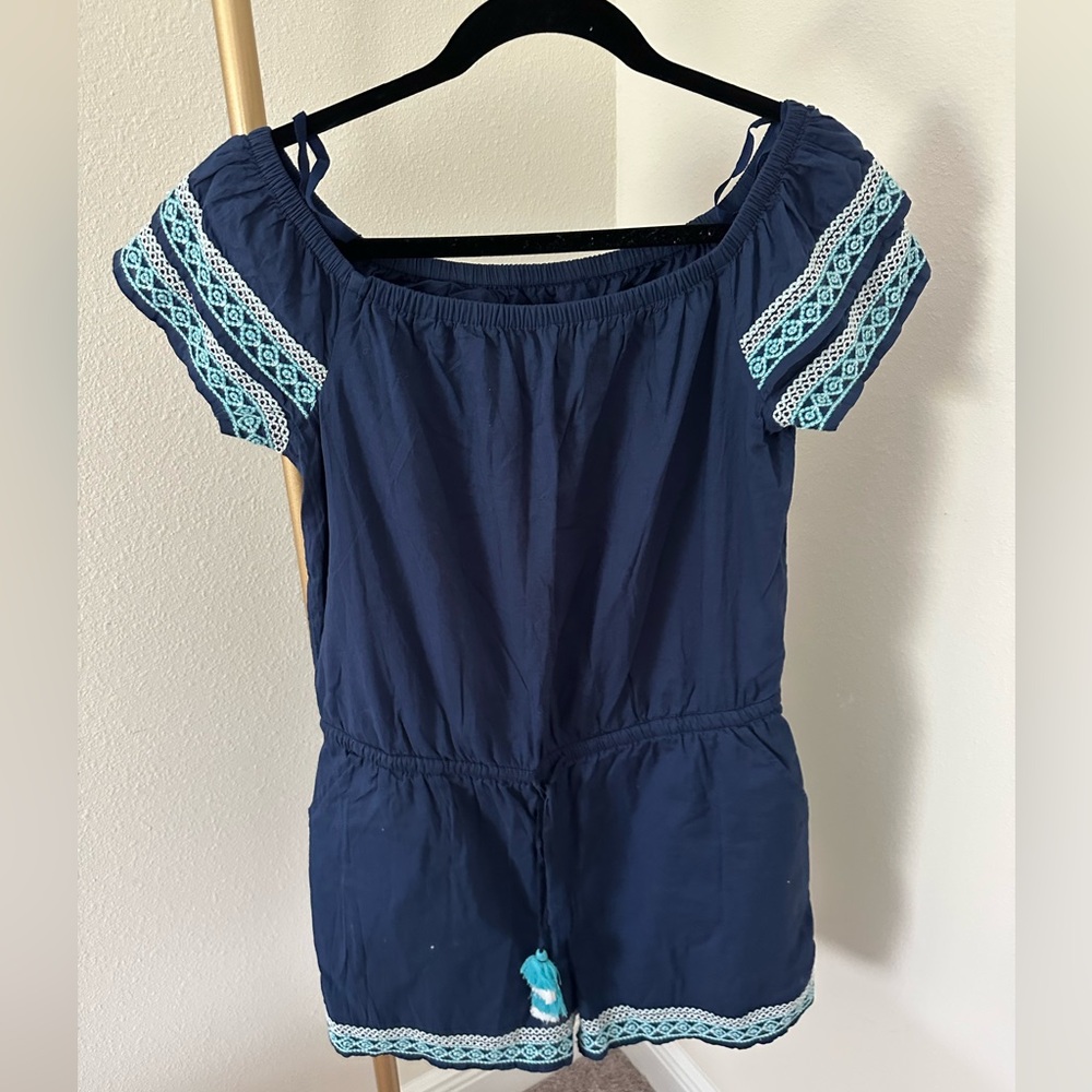 Vineyard Vines Navy Blue Off-Shoulder Romper with Lace Trim
